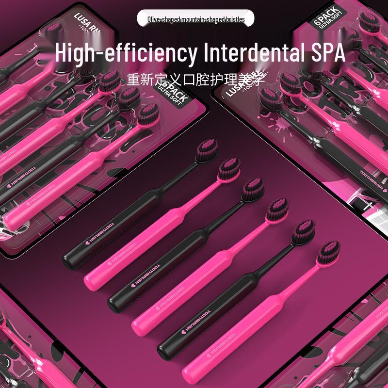 LR Black Pink Series Soft Bristle Toothbrushes [Pack of 6] - Wave-Shaped Convex Design for Adults