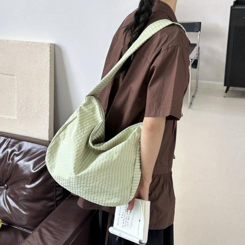 Casual Nylon Plaid Shoulder Bag Large Capacity Casual Striped Tote Bag Light Weight Commut Crossbody Bags Women