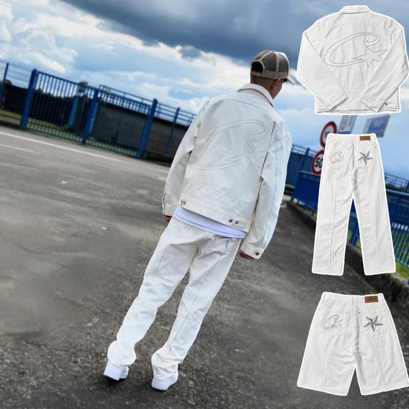 Corteiz Distressed Denim Shorts With Star Embroidery Vintage Streetwear Straight Cut Mid-Rise Casual 5/8 Length Jeans Men