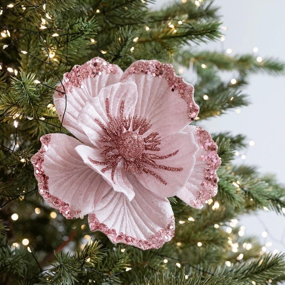 Sparkling Artificial Poinsettia Flower Velvet Fabric Xmas Floral Pick Accessory Party