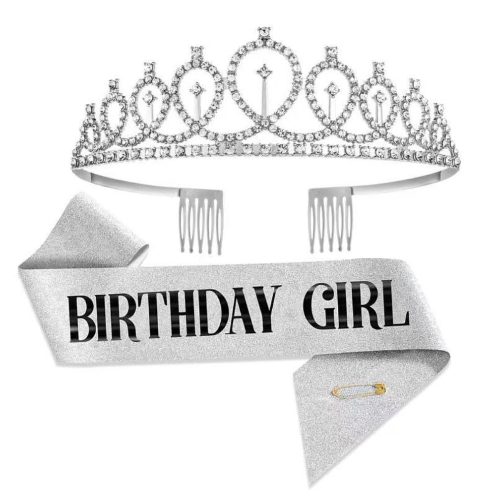 2Pcs/Set Glitter Birthday Tiara Gold Crystal Crown New Birthday Party Crown Sash 18 21 30 40 50th