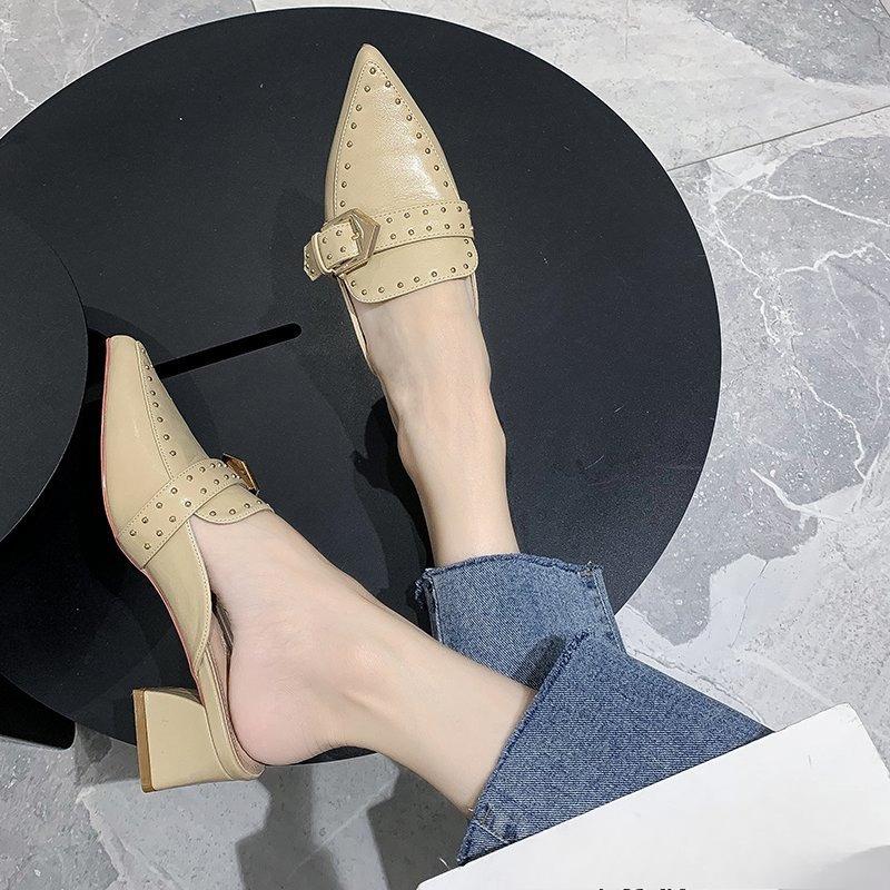 Новые Ретро Баотоу Туфли-полуботинки на kitten heel Модные Заостренный носок Заклепки Повседневные Для улицы Женские Крутые Шлепанцы