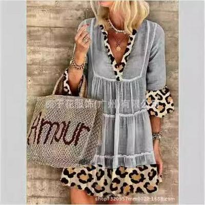 Европейское и американское платье с V-образным вырезом и оборками с леопардовым принтом