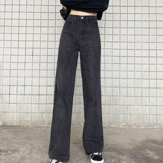 Women Jeans with Pockets High Waist Button Zipper Closure Straight Pants Solid Color Vintage American Style Denim Trousers for Daily Wear Scool