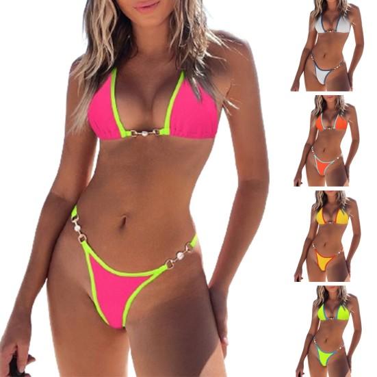 2 шт./компл., сексуальный женский комплект микро бикини, однотонный бюстгальтер с лямкой на шее, трусы на шнуровке, комплект купального костюма, быстросохнущая пляжная одежда