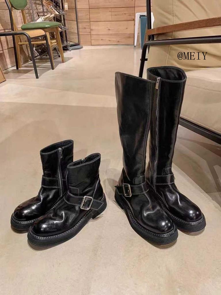 Новое место виноград мать ретро пряжка ремня ботинки мартин толстая подошва вымытая лошадиная кожа круглый носок толстый каблук полусапоги дети