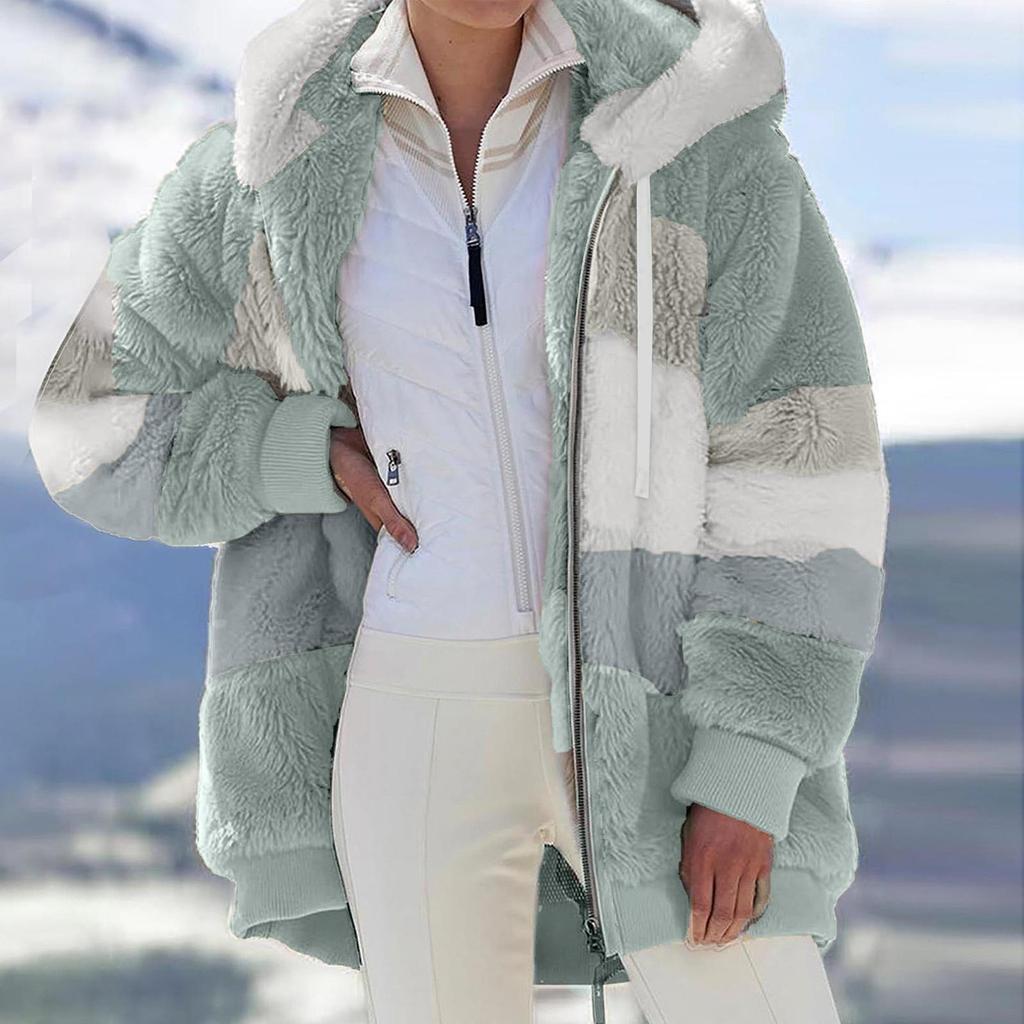 Женское модное зимнее свободное плюшевое пальто с длинным рукавом и карманом на молнии с капюшоном