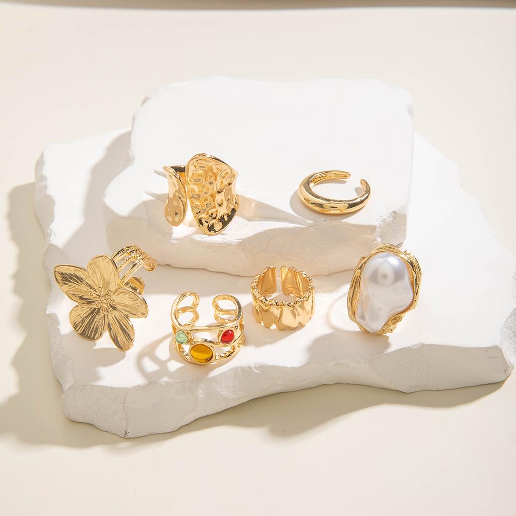 New Unique Design Liquid State Lava Flower Open Mouth Rings for Wonen Baroque Pearl Combination Ring Six-Piece Rings Set Jewelry