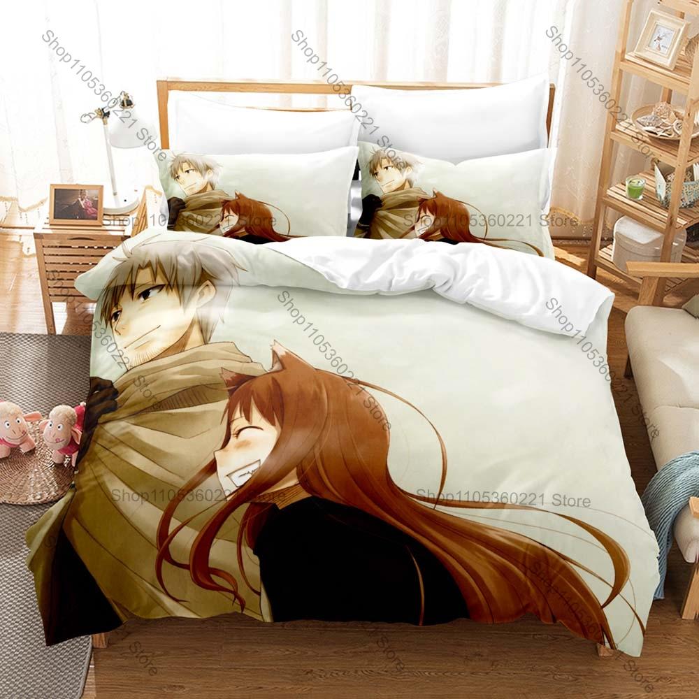 Holo and Lawrence Bedding Set, Duvet Cover & 2 Pillowcases, Classic Light Novel Characters Pattern Breathable Fabric All Season