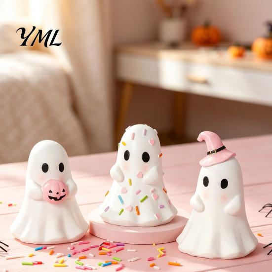 Desktop Halloween Decoration Cute Ghost Resin Figurine, Candy Pumpkin Witch Hat Figurine for Kids Desk Decor Girls, Pink White Kawaii Tabletop
