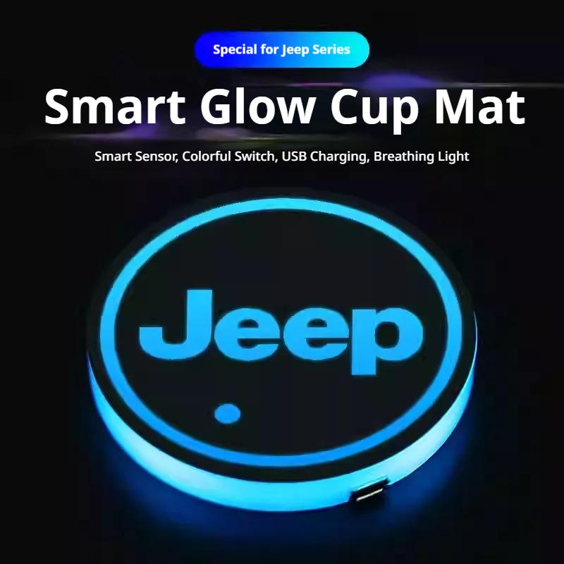 2PCS Waterproof Anti-Slip LED Car Cup Holder Luminous Coaster for Jeep Renegade Wrangler JK JL Grand Cherokee Compass Gladiator ANR1