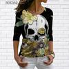 Длинные рукава Черепа и цветочный 3D принт Женские уличные хип-хоп футболки весна осень свободные повседневные топы с круглым вырезом большого размера