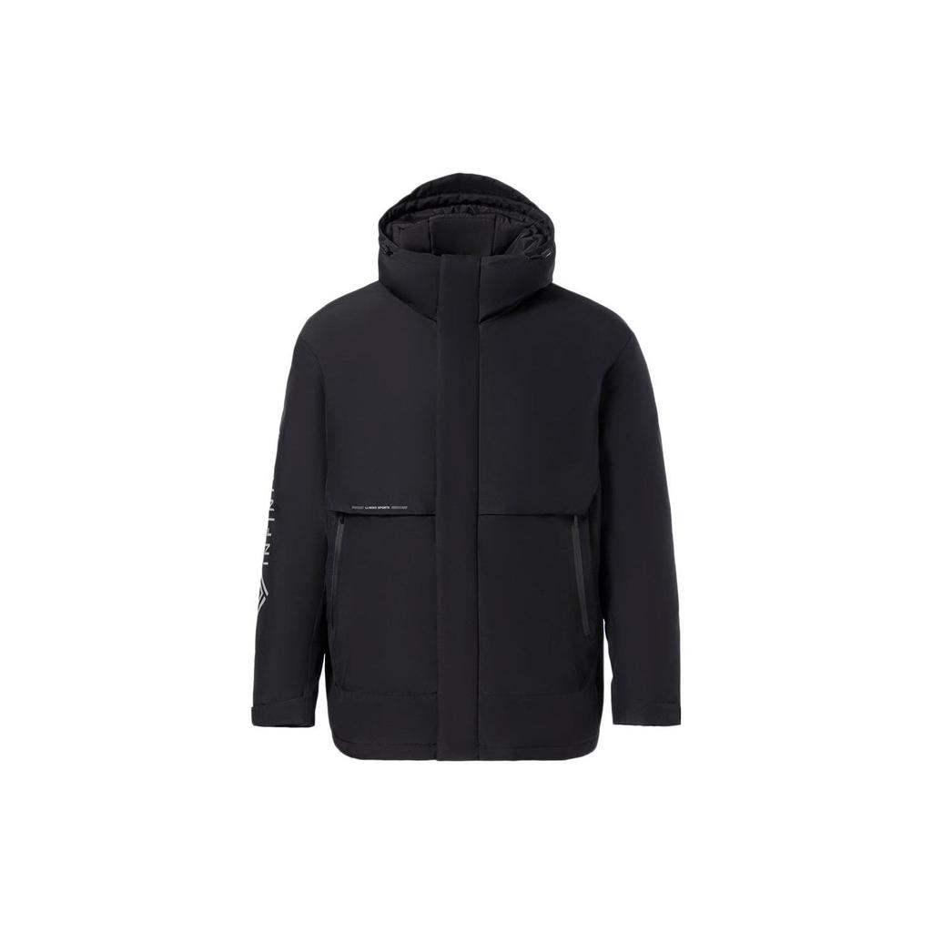 Li Ning Sports Trend Series Side Logo Letter Print Zipper Hooded Down Jacket Men Outerwear Black AYMR143-1