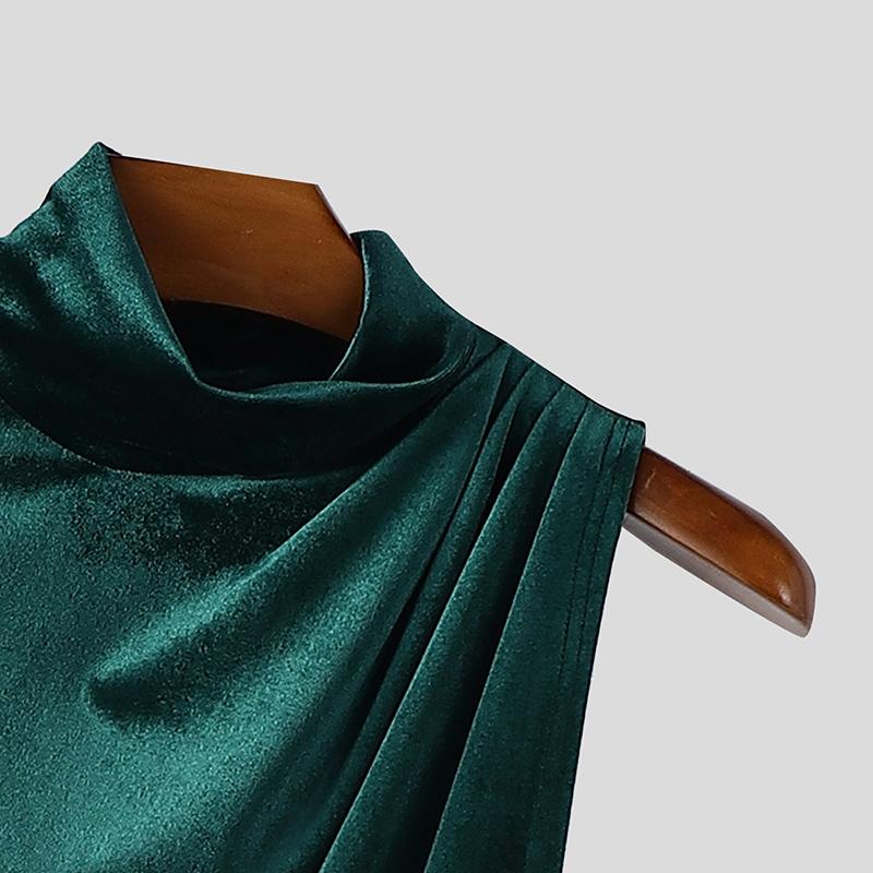 INCERUN Мужской водолазка на одно плечо с блестками, с высоким разрезом, повседневный длинный топ, футболка