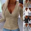 Women Solid Color Tops Deep V-neck Elegant Slim Long Sleeve Blouse Fit Buttons Decor Ribbed Pullover Tops