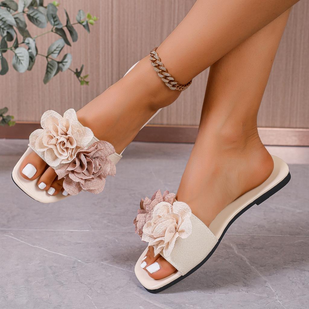 Ladies Shoes 2025 Summer Open Toe Women's Slippers Fashion Flower Dress Slippers Women Square Heel Shoes for Woman