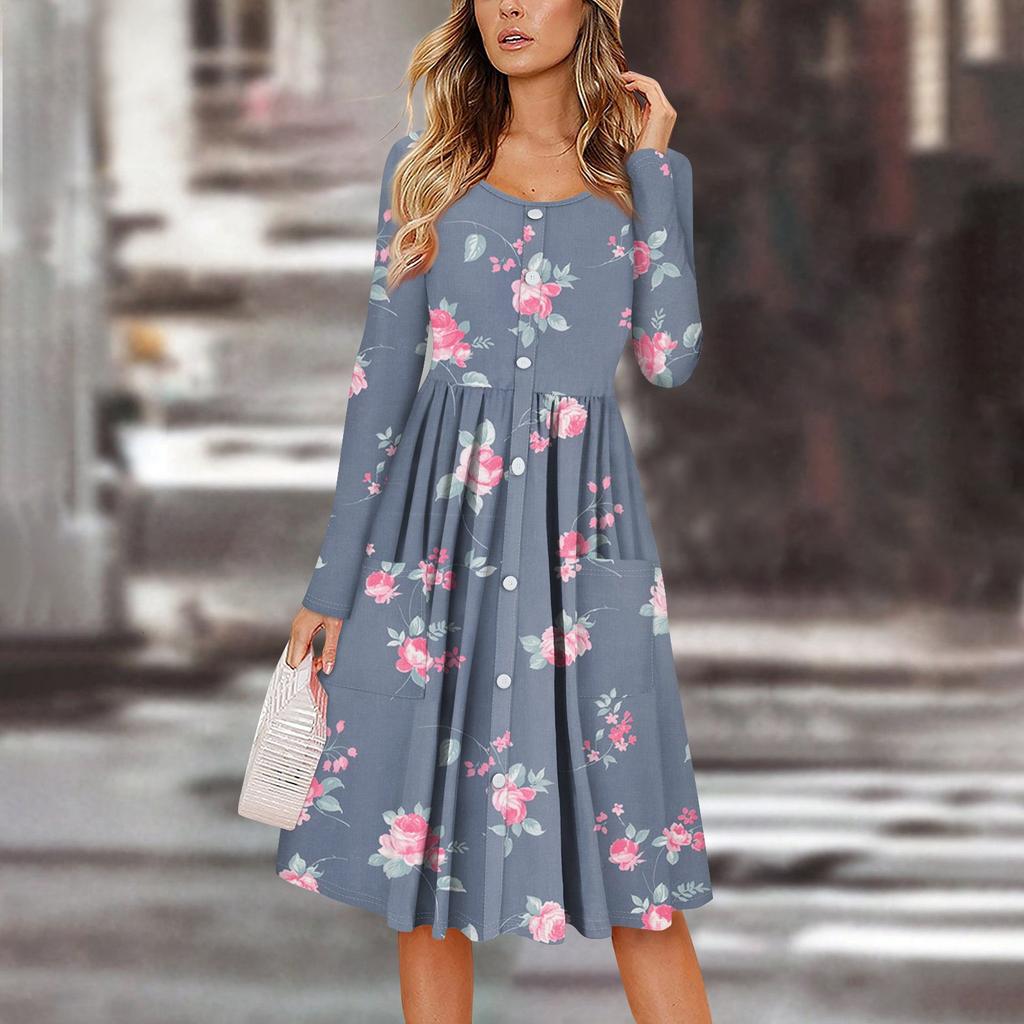 Женский повседневный модный сексуальный удобный сарафан с пуговицами, длинными рукавами и карманами, платье с цветочным принтом