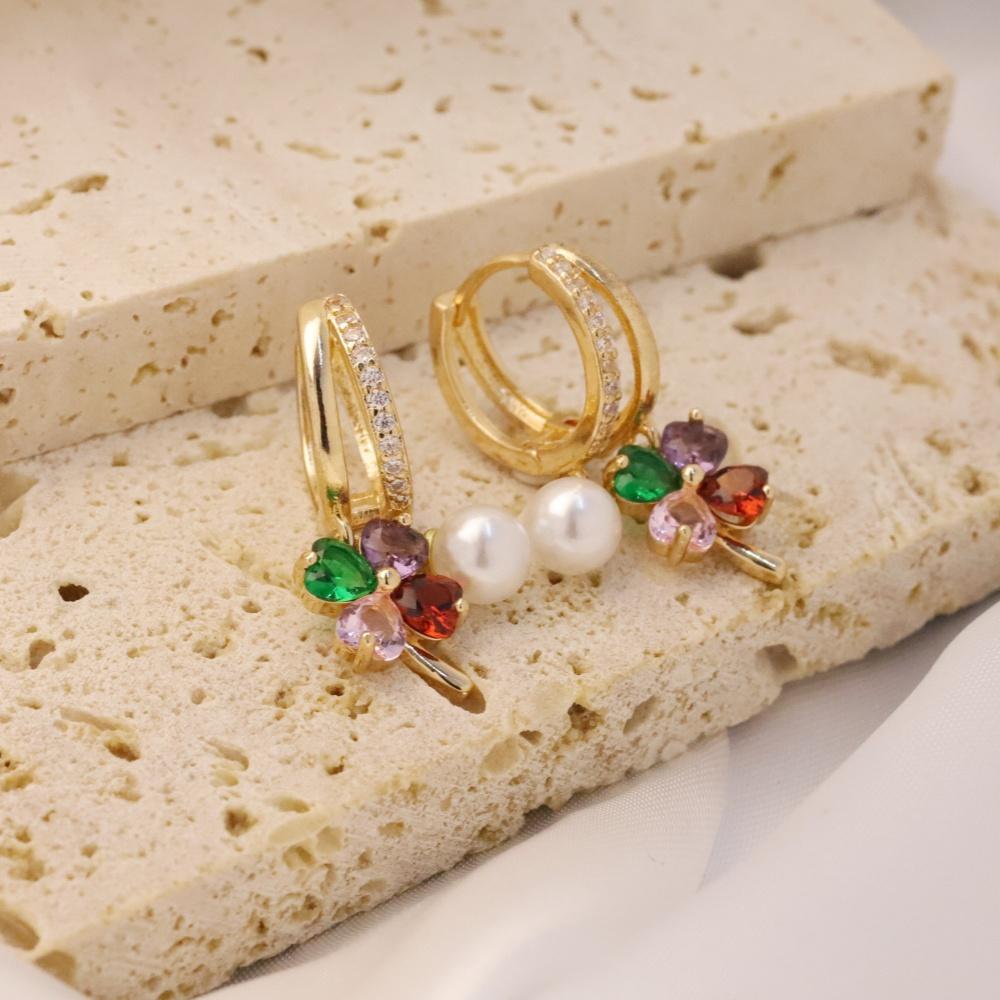 1 пара Модные красочные серьги-подвески с четырехлистным клевером из циркония и искусственным жемчугом для женщин, золотая бижутерия для свадьбы и вечеринки
