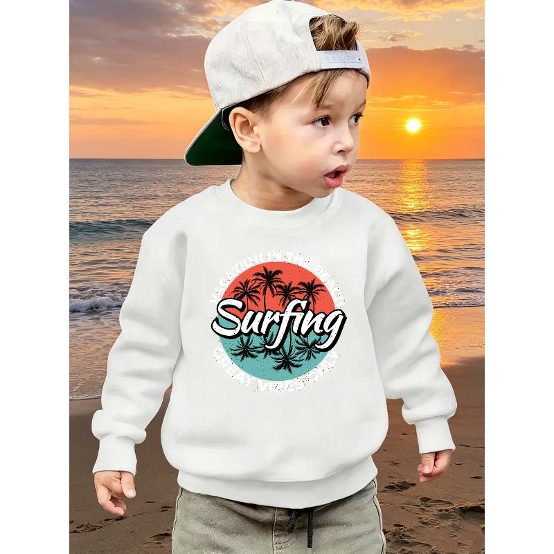 European sizes Kids' Trendy White Letter and Palm Tree Pattern Print Casual Long-Sleeve Crewneck Sweatshirt / Comfortable Crewneck Base Layer