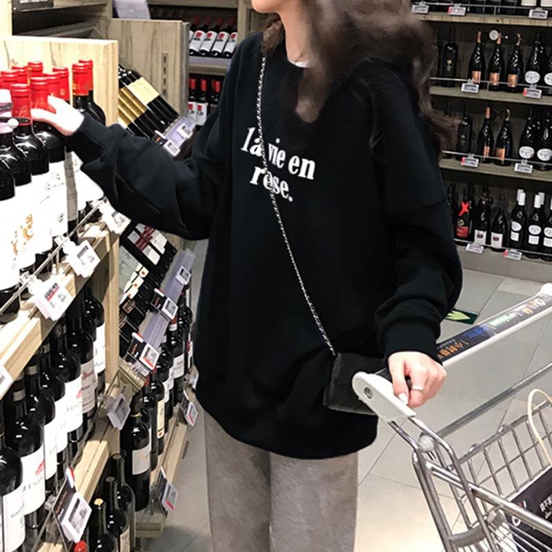 Ladies Letter Print Round Neck Hoodies Top Women Oversized Long Sleeved Pullover Gray Sweatshirt for Autumn Winter New