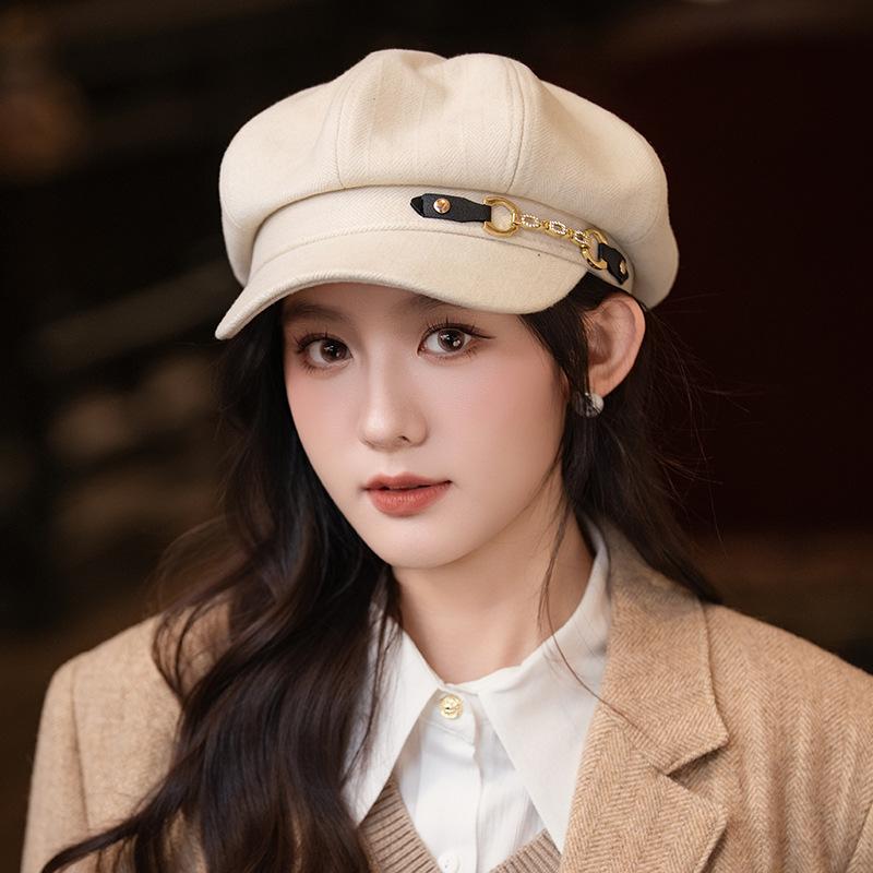 Autumn and Winter Hats Women's Solid Color Versatile Octagonal Hats Temperament Show Face Small Beret Big Head Circumference Painter Hat
