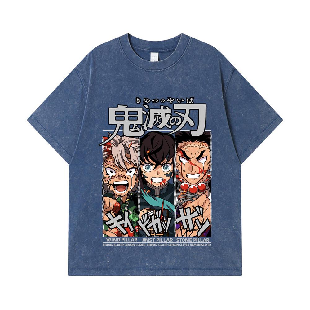 275 GSM Washed T-shirts 100% Cotton Demon Slayer V60 Pillars Print Unisex Heavy Cotton T Shirt