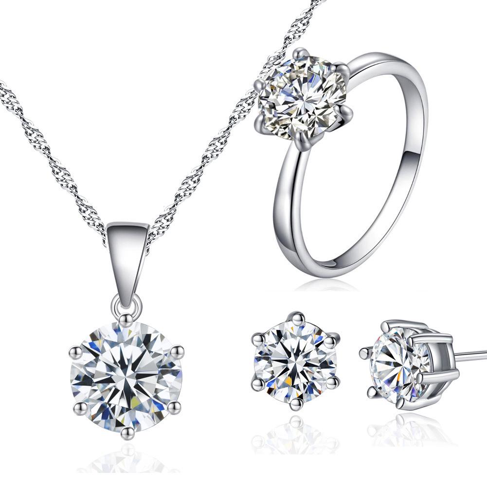 Korean Style Eight Hearts & Arrows Zirconia Jewelry Set: Necklace, Earrings, Ring