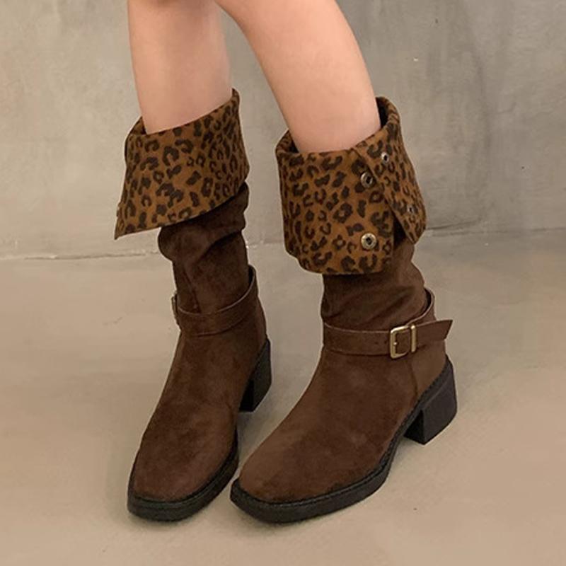 Леопардовые высокие каблуки женские высокие сапоги дизайнерская обувь 2025 тренд зимние брендовые замшевые массивные ботинки челси туфли-лодочки Mujer Western Botas