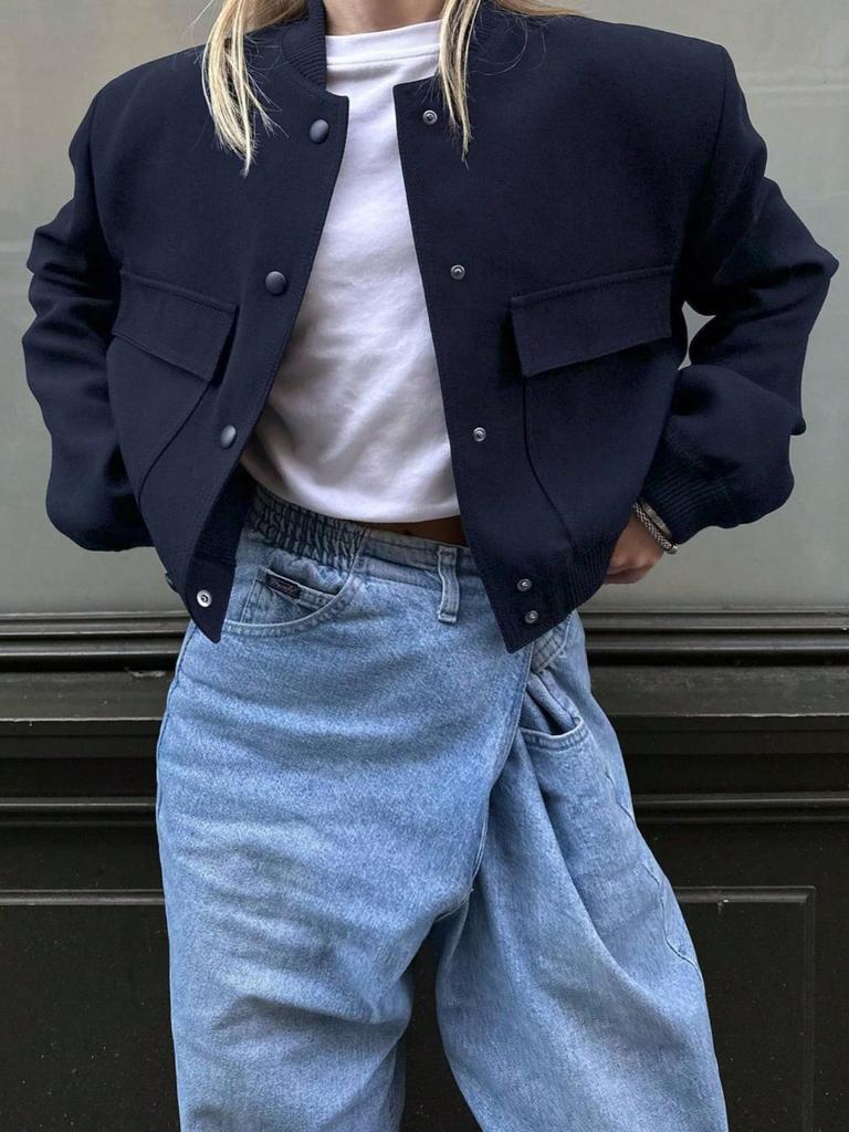 Rose Beauty A 90s Street Solid Buckle Front Valve Pocket Baseball воротник с длинным рукавом свободного кроя Повседневная весенняя куртка пальто