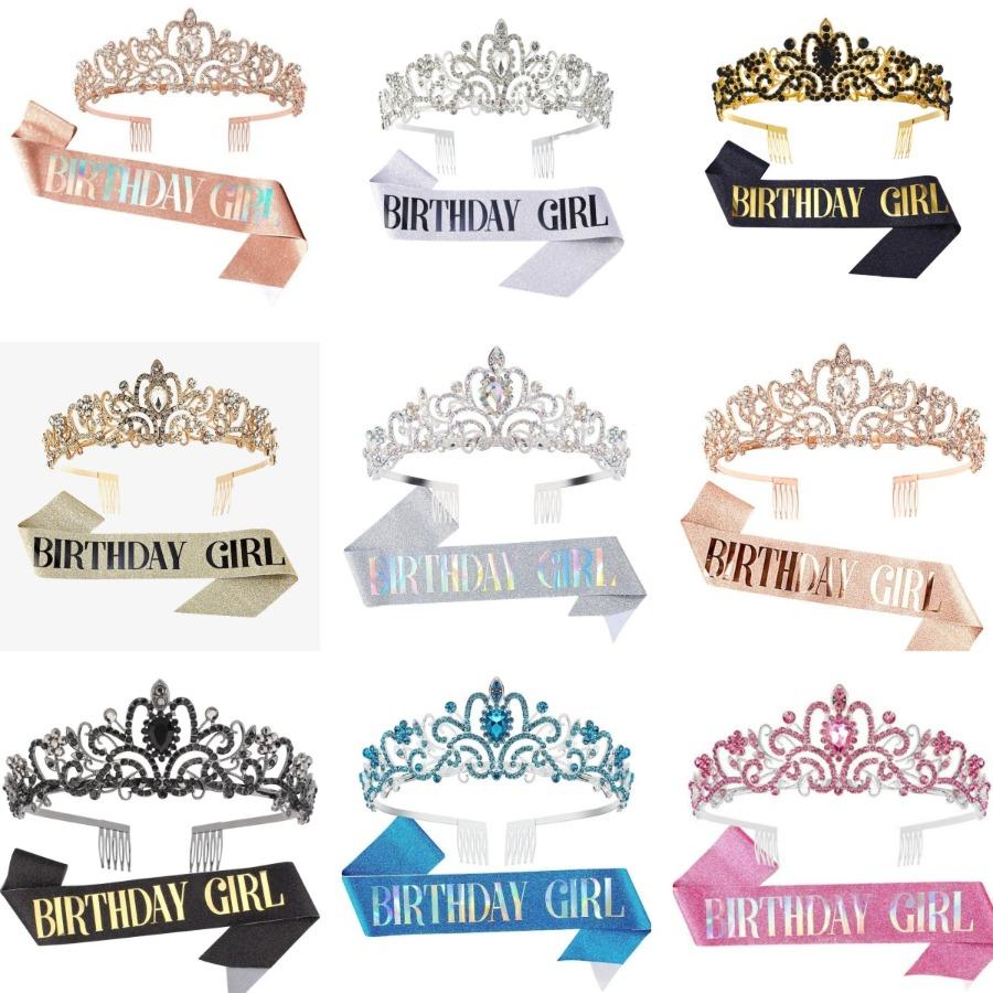 2Pcs Set Rhinestone Crystal Crown Tiara “Birthday Girl” Sash Women Birthday Party Decorations Accessory Kit 5