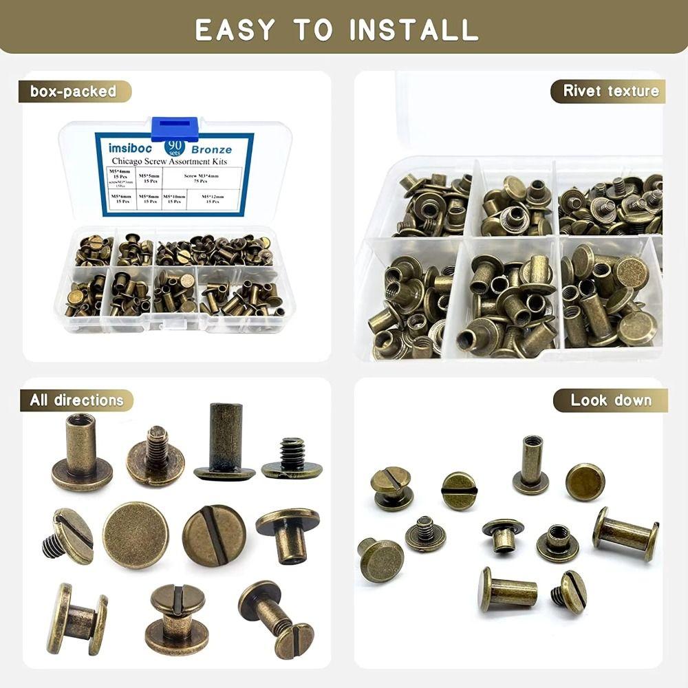Round Flat Head Leather Rivets 6 Sizes Metal Screw Studs Kit Binding Rivets  Bookbinding