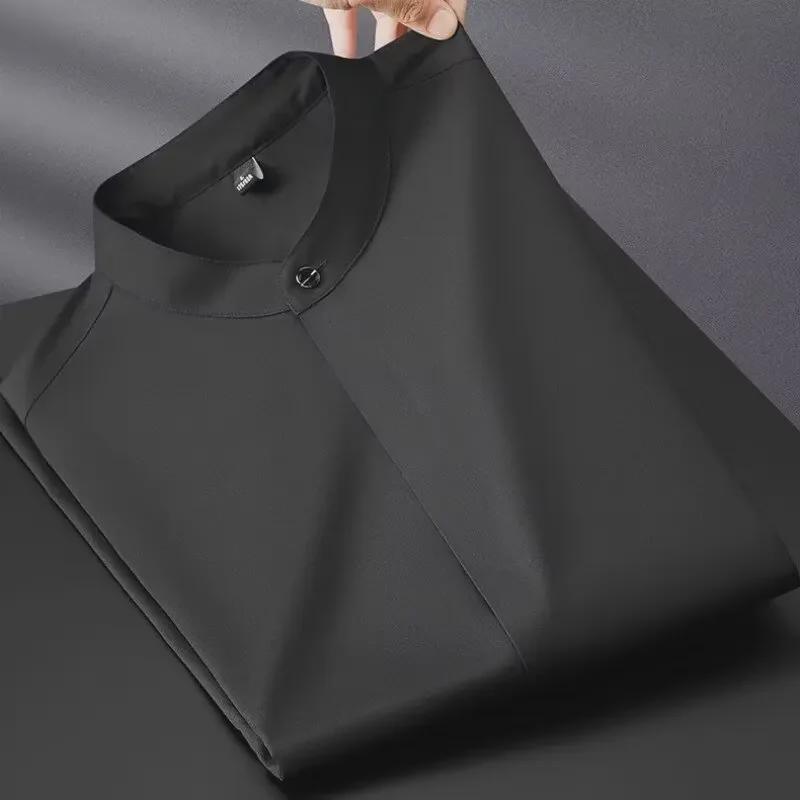 Men's Slim Fit Long-Sleeve Stand Collar Shirt - Silky, Non-Iron, Solid Color, Casual Business Attire for Spring and Autumn