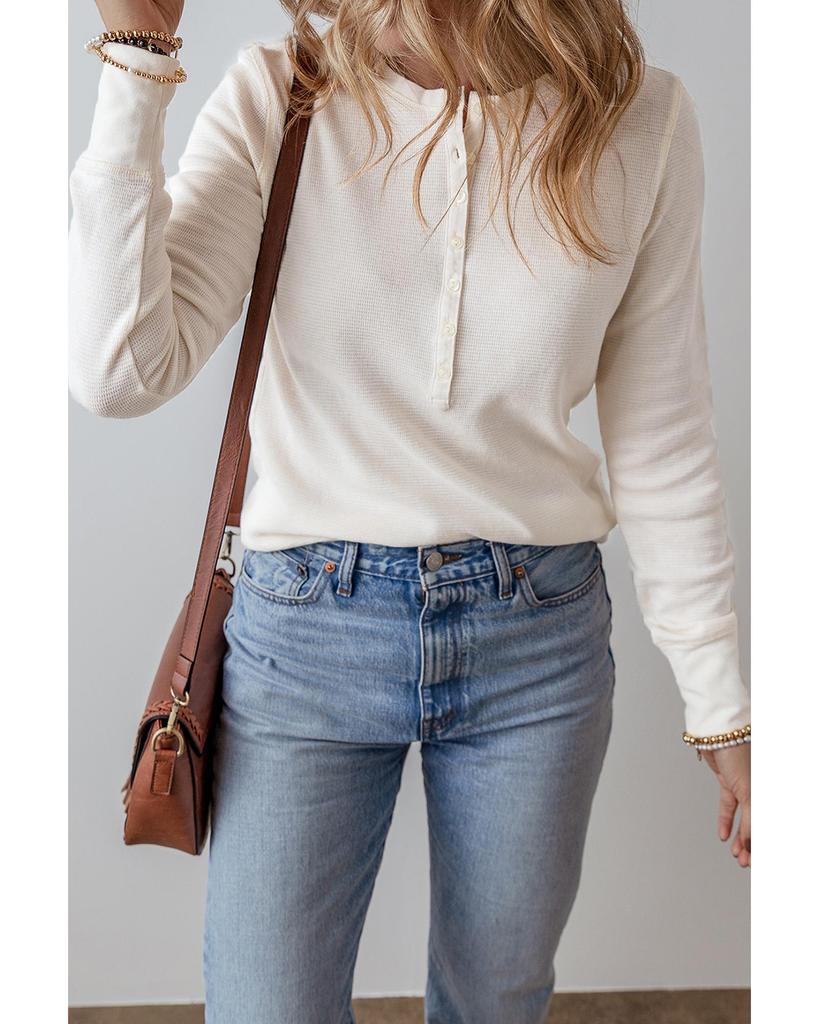 Azura Exchange Белый однотонный вафельный топ с длинным рукавом и застежкой на полпуговицы