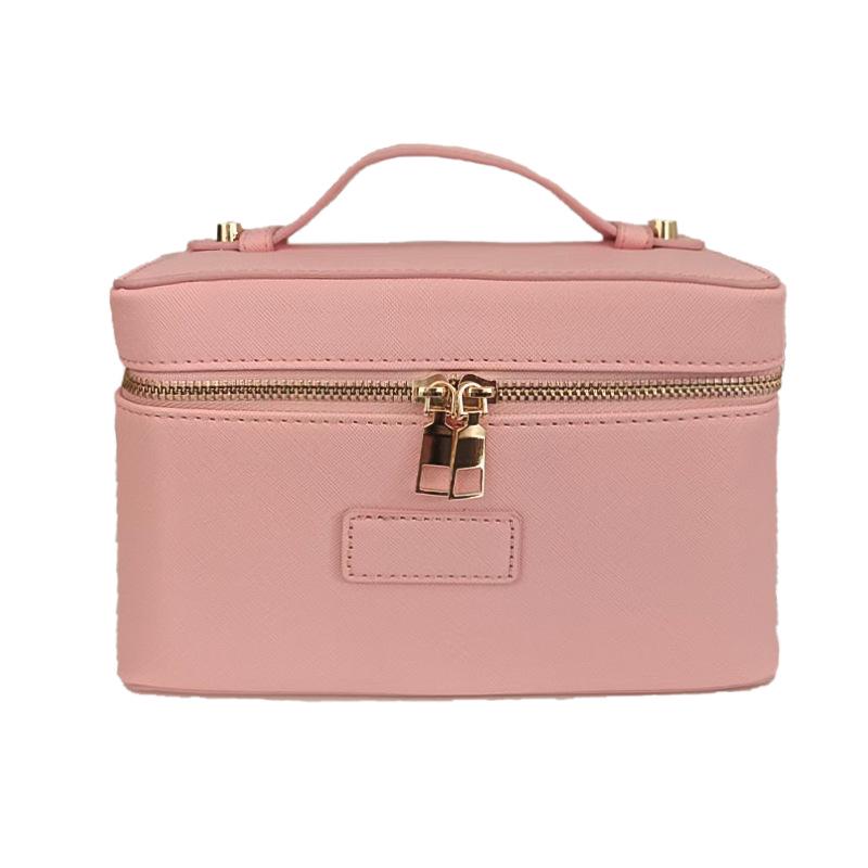 Portable Cross-Grain Leather Cosmetic Bag with Gold Hardware - Makeup and Skincare Travel Organizer