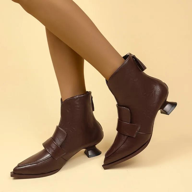2025 Женские ботильоны с острым носком, лидер продаж, высокое качество, модные, на среднем каблуке, дизайнерская кожаная обувь, женский тренд