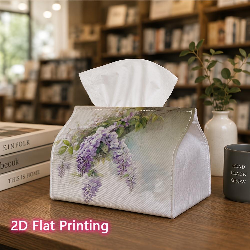 1pc, 2D Flat Printing, Tissue Box Purple Wisteria Watercolor Painting Pattern Printed Tissue Box, Suitable for Kitchen, Living Room, Bedroom, And Car,