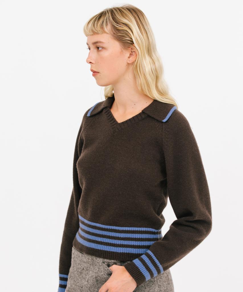 JUN BY JUN K Open Collar Striped Knit_Choco