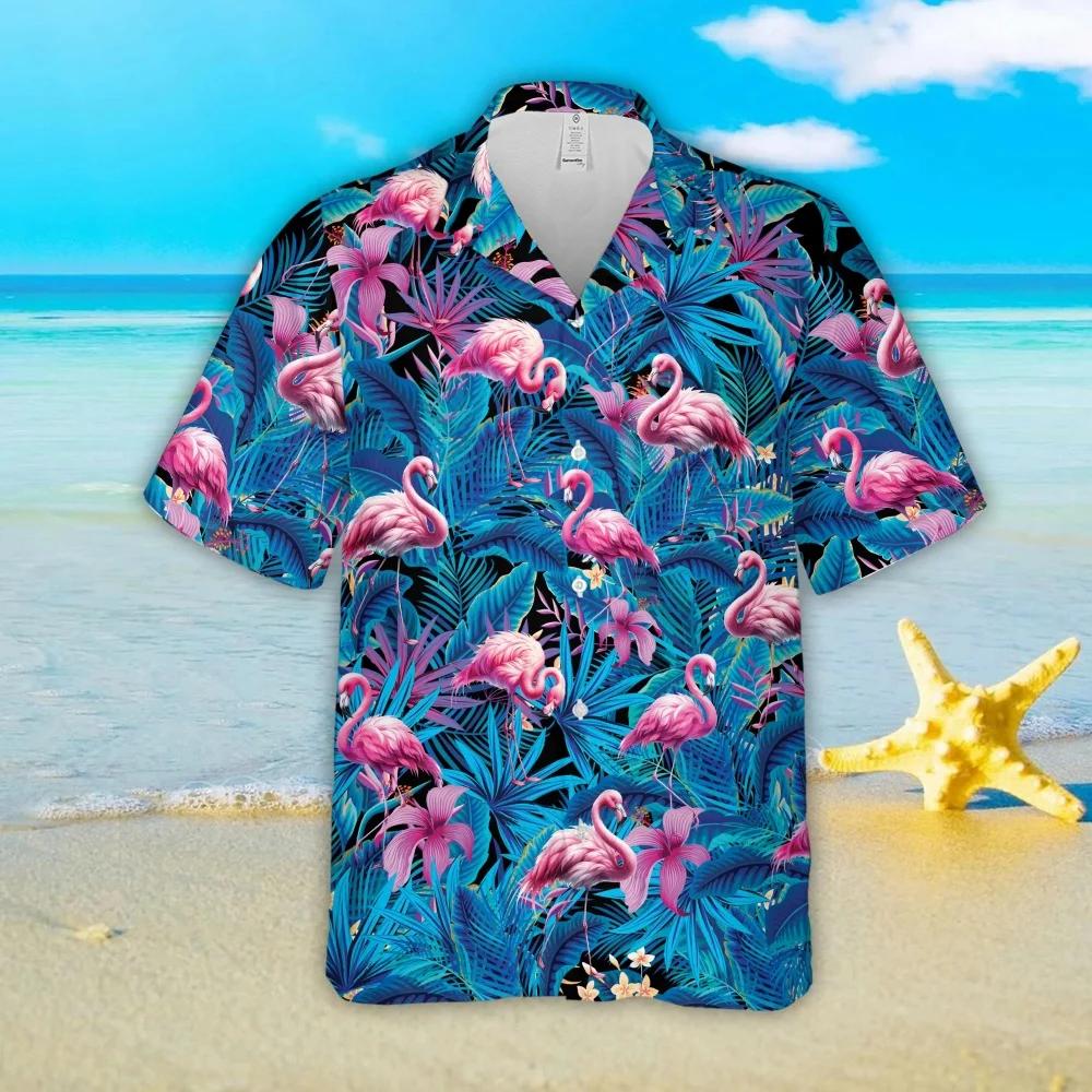Hawaiian Shirts 3D Printed Flamingo Graphic Men Vintage Vacation Street Short Sleeve Shirt Men's Button Down Lapel Blouse