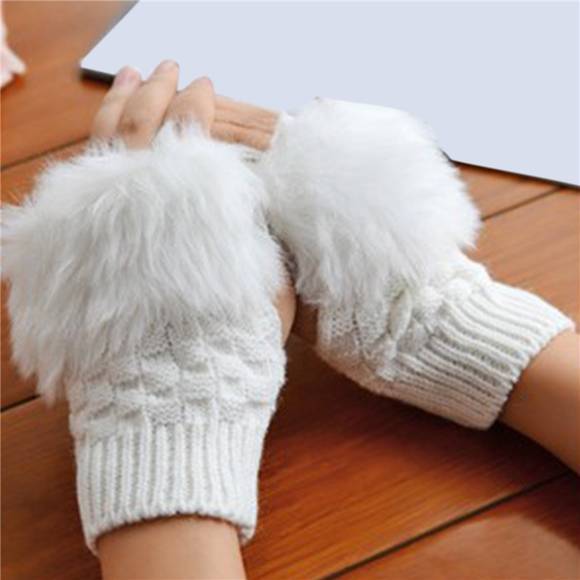 Fashion Clothes Ladies Winter Fur Woolen Knitted Warmer Fingerless Gloves Warmer Rabbit Fur Gloves Plush Half Finger Gloves Knitted Winter Warm Gloves