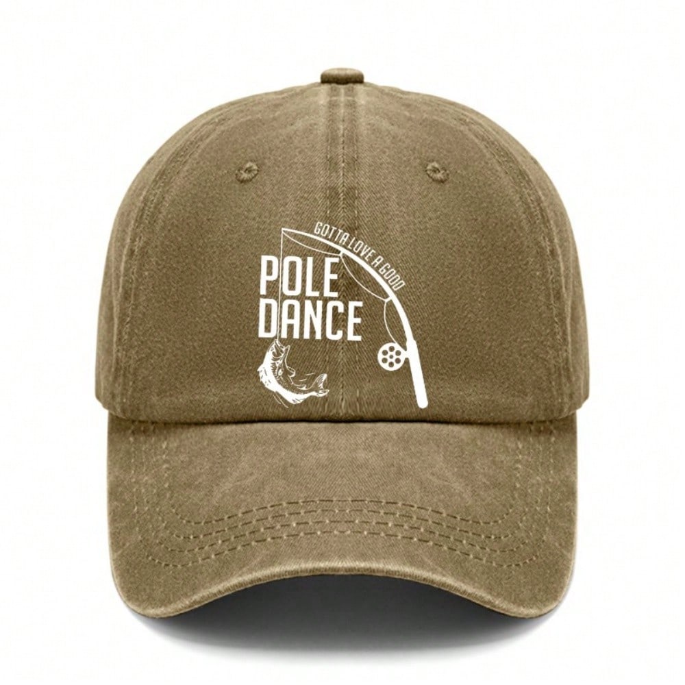 [Fishing Baseball Cap] Vintage Washed Unisex "POLE DANCE" Print Polyester Adjustable Curved Brim Hat, Casual Outdoor Sports Fisherman Daily Wear -