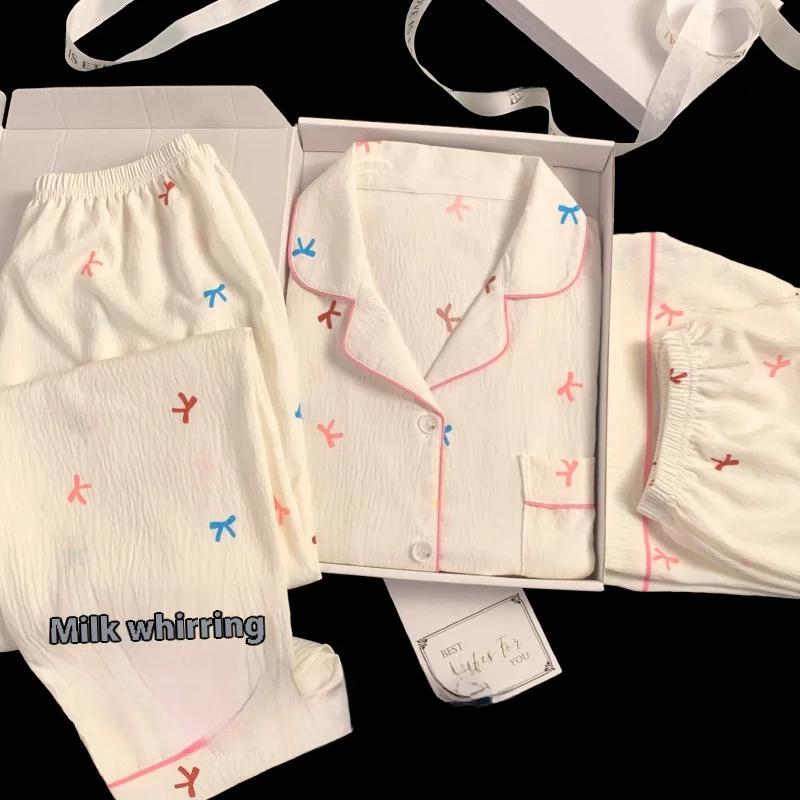 New Pajamas Homewear Three-Piece Women's Summer Clouds Cotton Yarn Short-Sleeved Cartoon Cute Girls Casual Pajamas Homewear