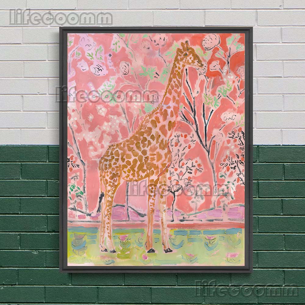 Красный ягуар, журавли и жирафы Современная мода Искусство Печать плакатов Бохо Народное искусство Животные Настенное искусство Холст Картина Украшение дома Без рамки