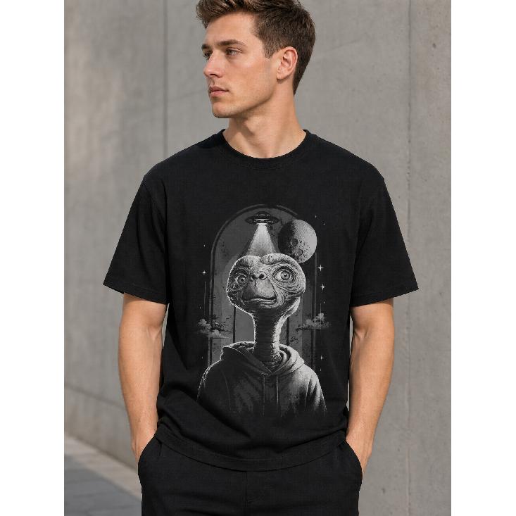 Men's Black Short Sleeve Crew Neck T-Shirt with Vintage Alien UFO Graphic Print, Soft Cotton Feel, Relaxed Fit for Casual Daily Wear