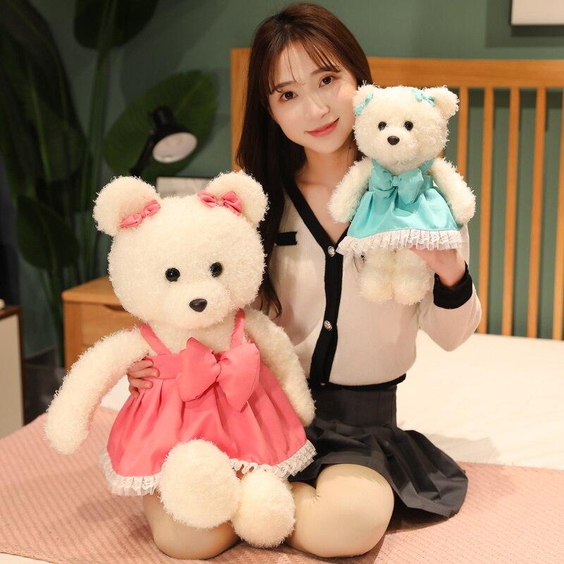 Kawaii Plush Curly Hair Teddy Bear Toys Charming Bear with Bow Suspender Dress Pillow Stuffed Soft Dolls Girls Gifts