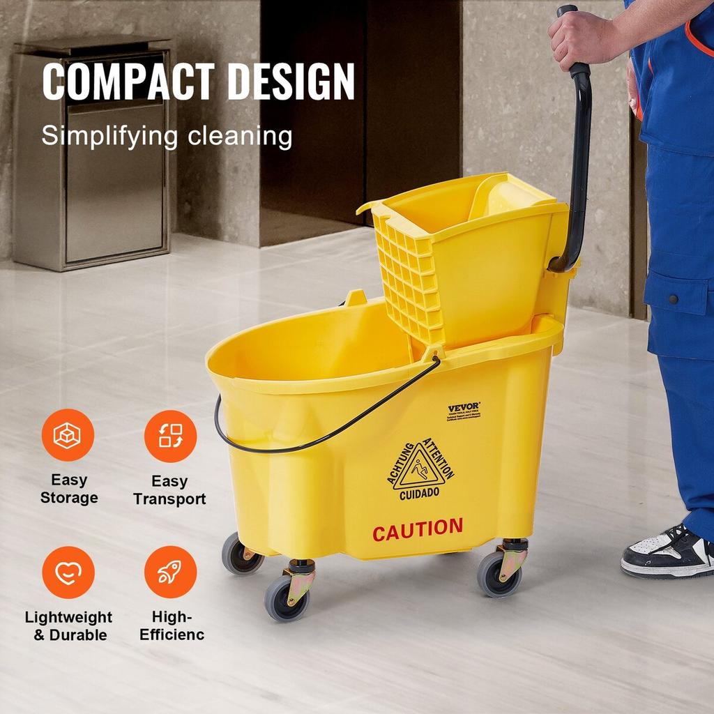 Mop Bucket with Wringer, 35 Qt. Commercial Mop Bucket with Side Press Wringer, Side-Press Mop Bucket and Wringer Combo on Wheels, for