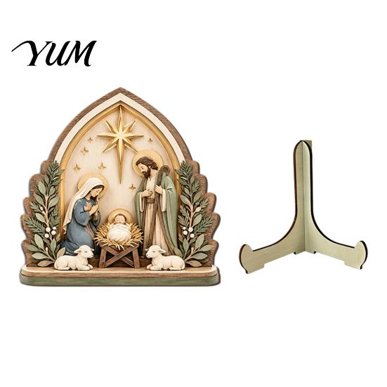 Stable Standing Manger Art Nativity Scene Wooden Tabletop Sign, Christmas Holy Family Figurine Decor, Durable Wood Set Religious Xmas Desktop