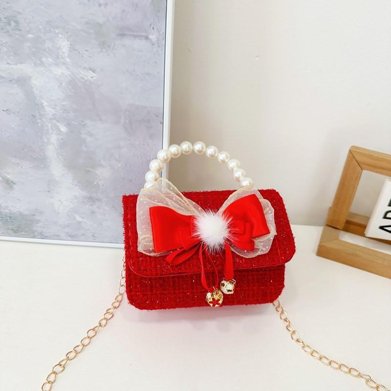 Red Delightful Cute Bowknot Childrens Handbag With Trendy Chain And Pearl Handle