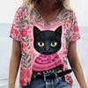 Летний топ с V-образным вырезом и принтом 3D Cat, модные повседневные женские футболки с короткими рукавами