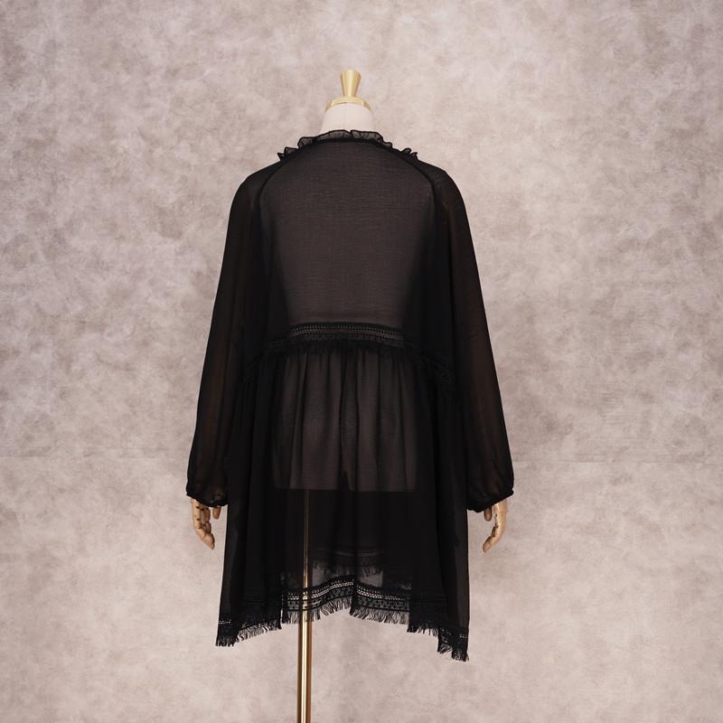 Summer New Beach Bikini Cover-up Sexy V-neck Lace Stitching Micro-sheer Chiffon Skirt Lantern Long-sleeved Loose Women's Swimwear Cover-up Q1056