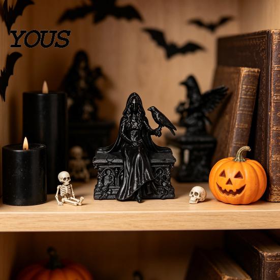 Ручная Детальная Резьба 3D Печатная Готическая Фигурка Королевы Ворон, Статуя в Плаще с Украшенным Коллекционным Вороном, Жуткое Настольное Украшение для